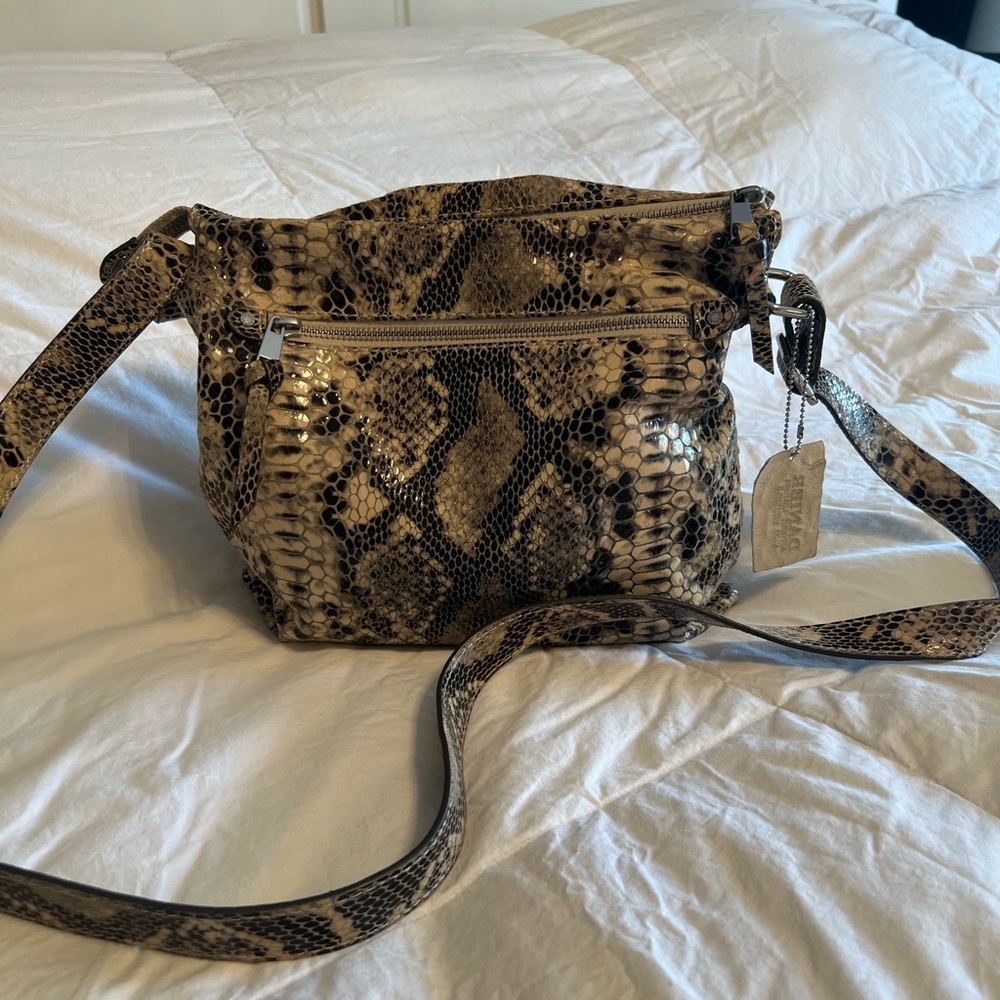 Danier Python Pattern Crossbody Bag - Black and Tan